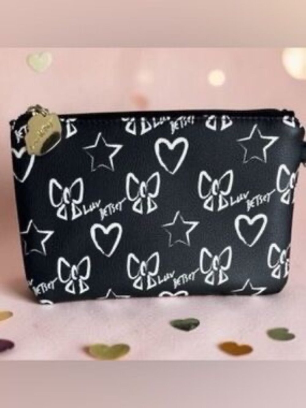 Luv Betsey NWOT Black with White Stars, Hearts, & Bows Wristlet